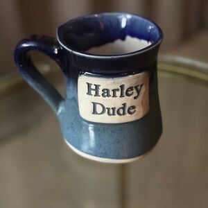 LARGE HARLEY DUDE ART POTTERY STONEWARE COFFEE MUG. BLUE W/ DRIP GLAZE. VGC